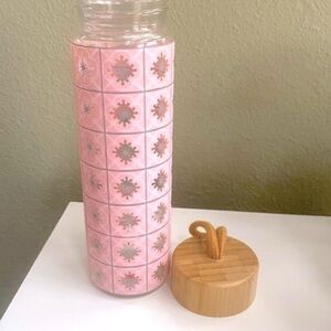 Water Bottle - Pink Geometric Pattern - Glass - Wooden Lid - Preppy 🌺CCO SALE